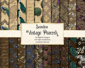 Vintage Peacock Digital Paper, seamless antique peacock feather printable scrapbook paper and rustic peacock backgrounds