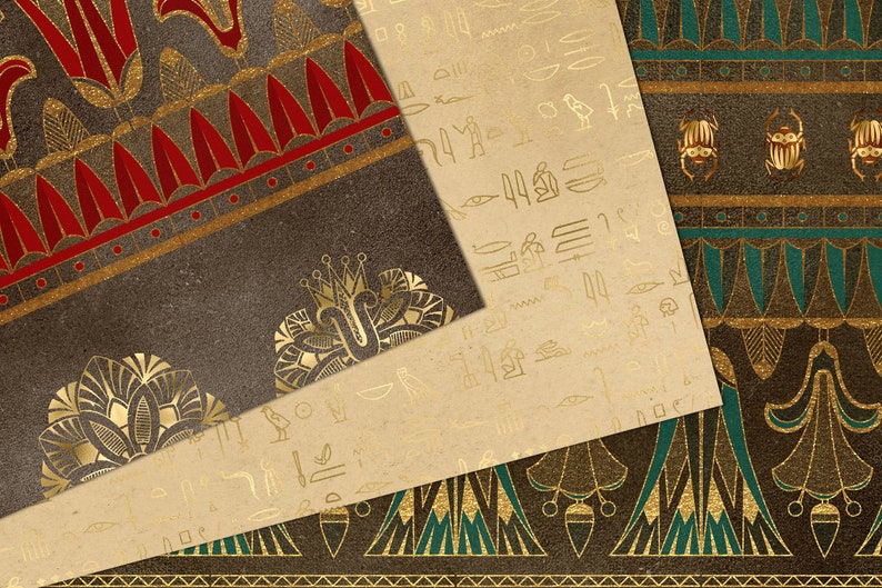 Golden Egypt Egyptian Digital Paper, Hieroglyphics Scrapbook Paper, Papyrus Vintage Antique Egypt Patterns, Digital Gold Foil Leaf Overlay image 3