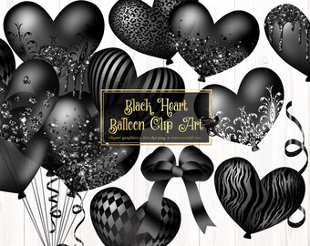 Black Heart Balloons Clipart – Party Invitation Graphics (Digital Download)