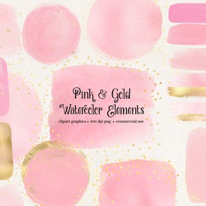 Pink and Gold Watercolor Elements Clipart, watercolour frames in blush pink paint digital PNG format instant download for commercial use