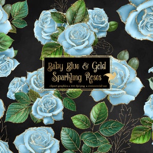Baby Blue and Gold Sparkling Roses Clip Art, digital instant download glitter flower png embellishments, pink rose, gold glitter roses