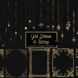 Op de afbeelding: Een digitale kunstcollectie met gouden frames en strings op een zwarte achtergrond. De afbeelding bevat verschillende decoratieve elementen zoals manen, sterren en bloemmotieven. De tekst "Gold Frames & Strings" wordt in het midden weergegeven.