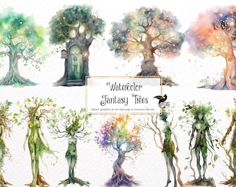 Watercolor Fantasy Tree Clipart - forest dryad magic trees in PNG format instant download for commercial use