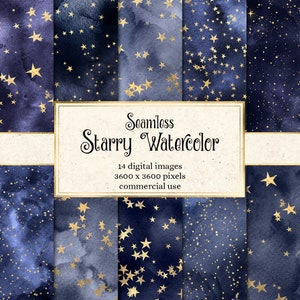 Starry aquarel digitaal papier - naadloze marine aquarel texturen en gouden sterren instant download afdrukbaar plakboekpapier