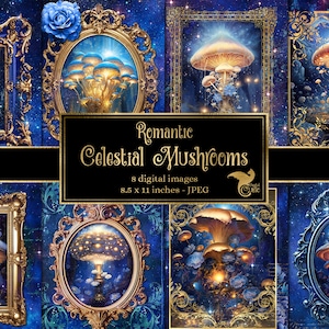 Papel de diário de cogumelo celestial romântico, caderno de papel digital rococó fantasia lixo diário páginas imprimíveis 8.5x11 papel download instantâneo