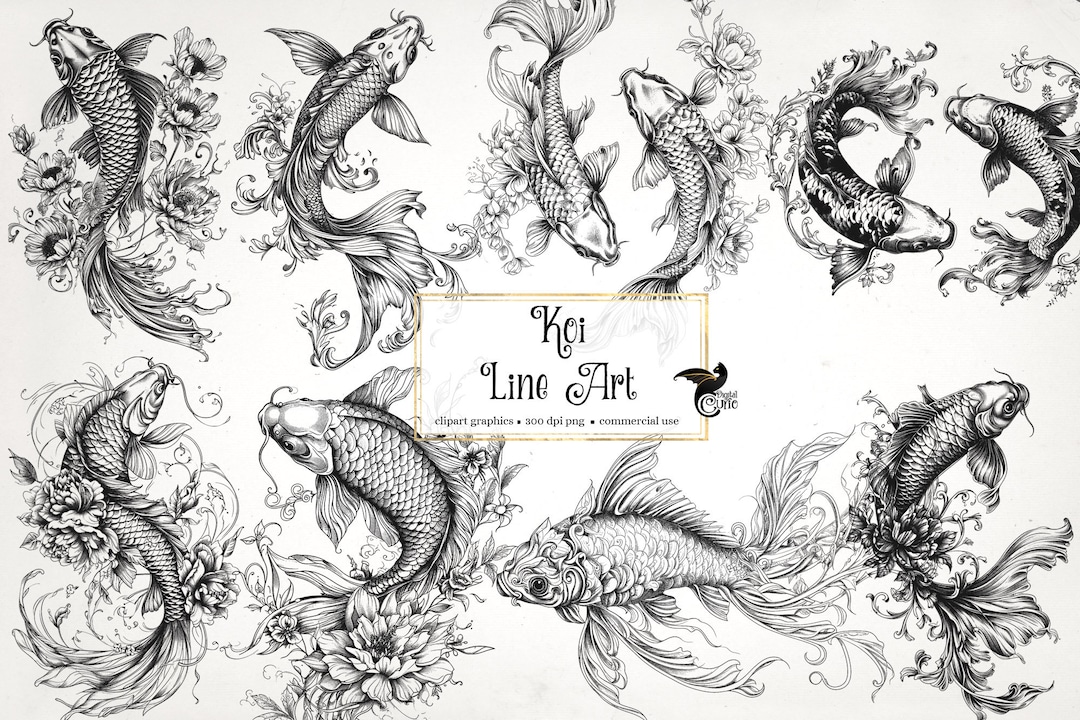 Koi Fish Line Art Clipart – Graphics and Collage Sheets (digital ...