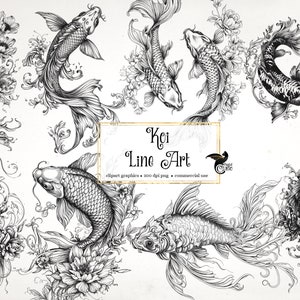 Koi Line Art Clipart - gráficos de clip art e folhas de colagem para arte alterada ou revistas inúteis, download instantâneo para uso comercial