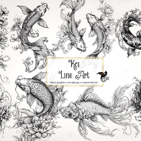 Koi Fish Line Art Clipart – Graphics and Collage Sheets (Digital Download)