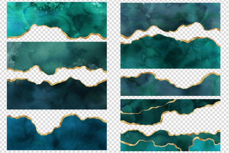 Teal Painted Agate Borders digital watercolor geode PNG | Etsy