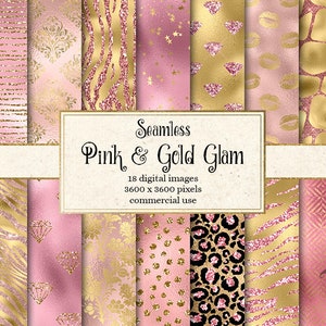 Pink and Gold Glam Digital Paper, seamless gold and blush pink glitter foil backgrounds instant download commercial use tileable patterns