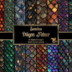 May include: A digital art image showcasing a collection of seamless dragon armor patterns. The patterns feature intricate scale designs in various colors, including red, blue, green, and gold. The image includes text that reads "Seamless Dragon Armor" and details about the digital images.