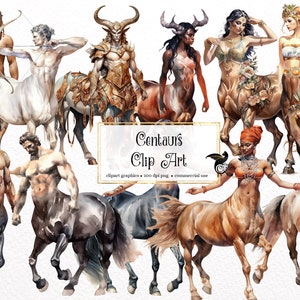 Könnte beinhalten: Aquarell-Clipart mit verschiedenen Posen von Zentauren. Die Zentauren sind mit menschlichen Oberkörpern und Pferdekörpern dargestellt und tragen verschiedene Kleidungsstücke und Accessoires. Die Grafik ist vor einem weißen Hintergrund platziert.
