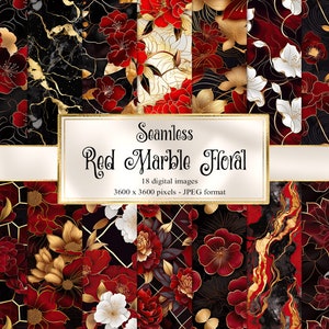 May include: A set of 18 digital seamless patterns featuring red and gold floral designs on a black background. The patterns include marble, geometric, and floral motifs. Seamless Red Marble Floral, 18 digital images, 3600 x 3600 pixels - JPEG format.
