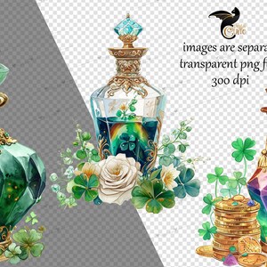May include: Three watercolor illustrations of ornate glass bottles with gold accents and green, blue, and rainbow colored liquids. The bottles are surrounded by green shamrock leaves and gold coins.