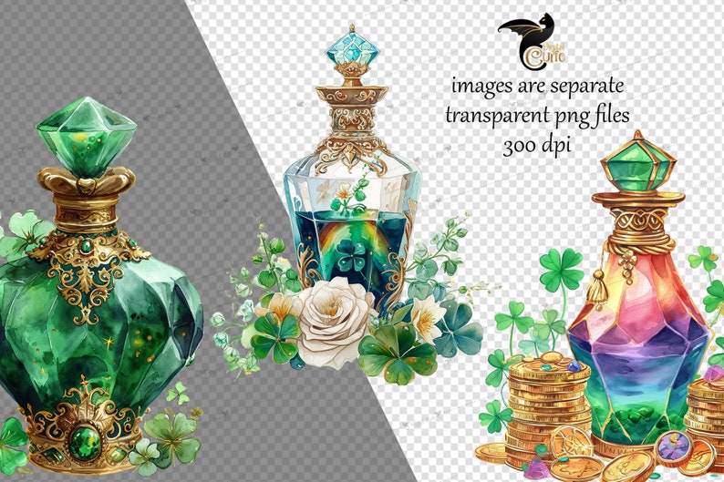 May include: Three watercolor illustrations of ornate glass bottles with gold accents and green, blue, and rainbow colored liquids. The bottles are surrounded by green shamrock leaves and gold coins.