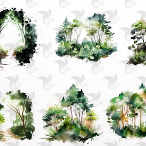 May include: Six watercolor illustrations of different forest scenes. Each illustration features a variety of green trees and foliage, with some scenes including a path or a clearing. The illustrations are painted in a loose, expressive style, with soft edges and subtle color variations.