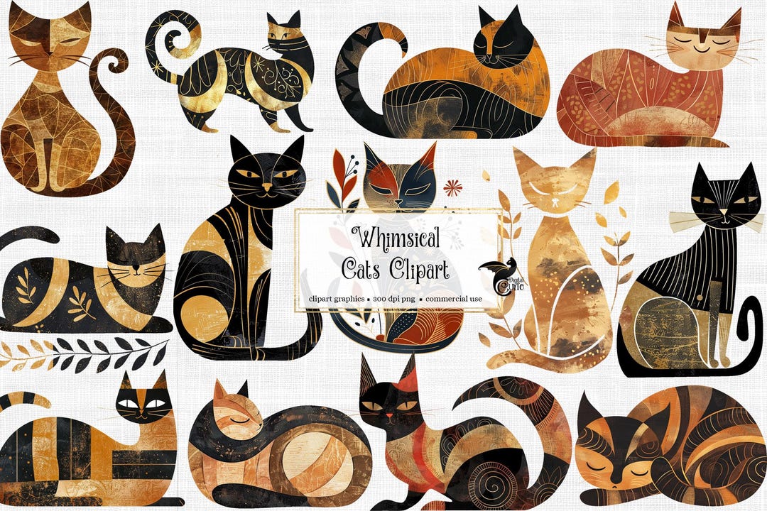 Whimsical Cats Clipart - Cute Cat PNG Format Instant Download for ...