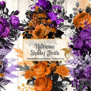 Halloween Shabby Floral Clip Art, black and orange digital gothic vintage flowers, purple png embellishments, gray roses commercial use