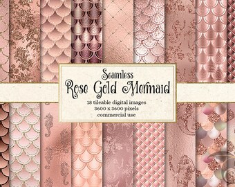 Rose Gold Mermaid Scales Digital Paper, Seamless Glitter Textures (Digital Download)