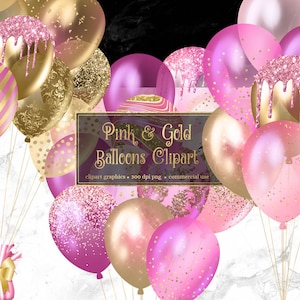 Clipart de ballons roses et or, clipart de fête de confettis de paillettes et de papier d'aluminium pour les anniversaires en téléchargement instantané au format PNG pour un usage commercial