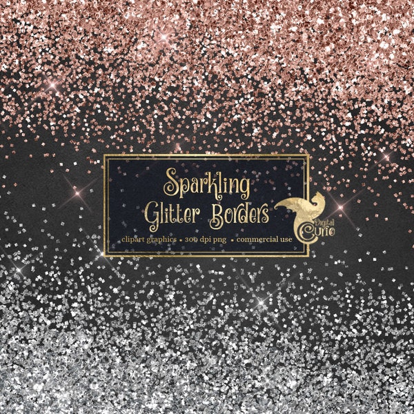 Sparkling Glitter Borders Clipart, silver and gold glitter png overlays, clip art rose gold glitter confetti instant download