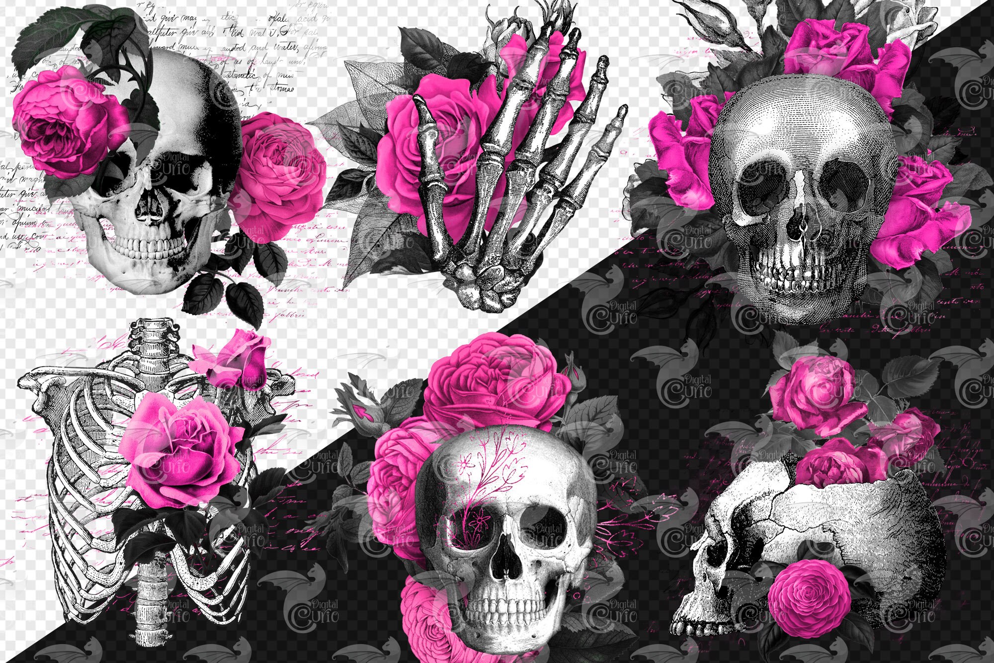 Pink Gothic Digital Paper, Seamless Skull Damask Halloween