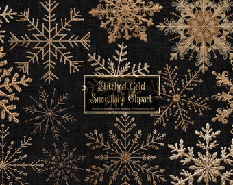Gestickte goldene Schneeflocken Clipart, Weihnachten PNG gestickte Grafiken (digitaler Download)