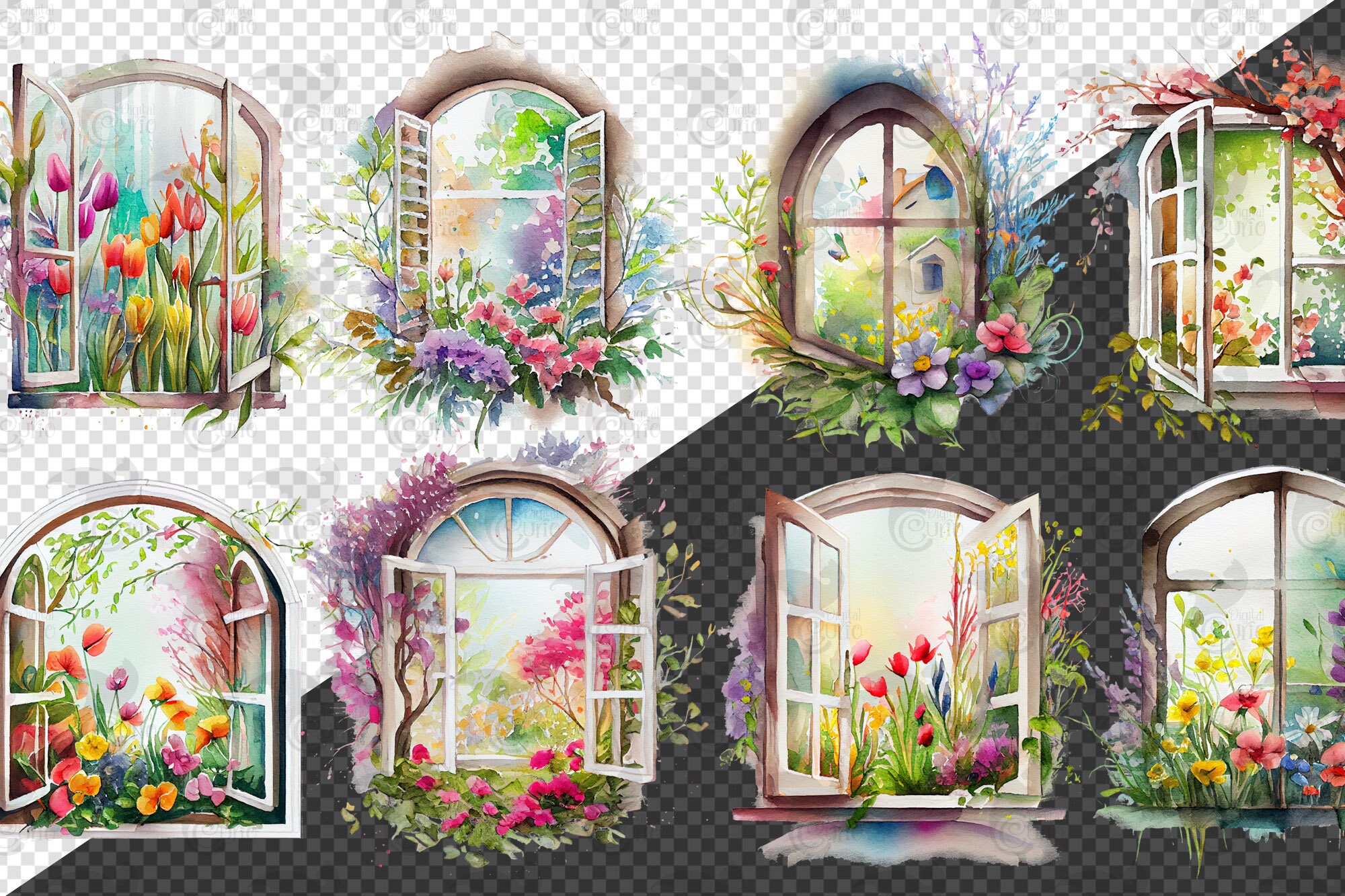 Watercolor Spring Windows Clipart - Flower Windows PNG Format Instant ...