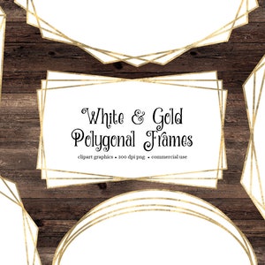 White and Gold Polygonal Frames Clipart, geometric gold frame clip art graphics instant download commercial use