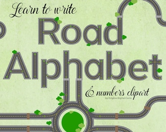 May include: Learn to write the alphabet with this road alphabet and numbers clipart. The image shows the letters R, O, A, D, A, L, P, H, A, B, E, T, and a roundabout with a road leading to it.