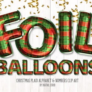 Noël Plaid Foil Balloon Alphabet Clip Art - imprimé animal numérique Téléchargement instantané graphiques Format PNG pour des conceptions de fête à usage commercial