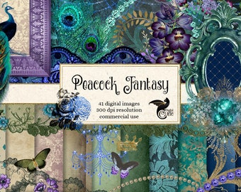 Peacock Fantasy Digital Scrapbooking Kit, peacock clipart,  vintage digital paper, frames, pearl, flowers diamond lace, digital png overlays