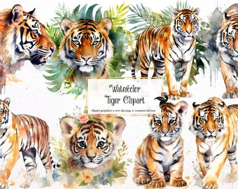 Watercolor Tiger Clipart – Jungle Animals PNG, Commercial Use (Digital Download)