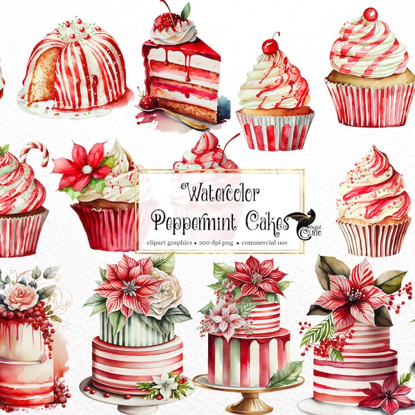 Watercolor Peppermint Cakes Clipart, Christmas cupcake clip art PNG graphics instant download for commercial use