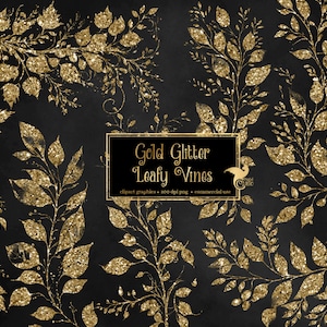 Gold Glitter Leafy Vines Clip Art - gráficos de hojas de brillo digital en formato png descarga instantánea para uso comercial