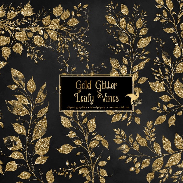 Gold Glitter Leafy Vines Clip Art - digital glitter leaf graphics in png format instant download for commercial use