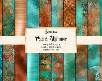 Patina Shimmer Digital Paper, textures de cuivre antique sans soudure, arrière-plans en papier métallique en détresse cuivre et bleu patine
