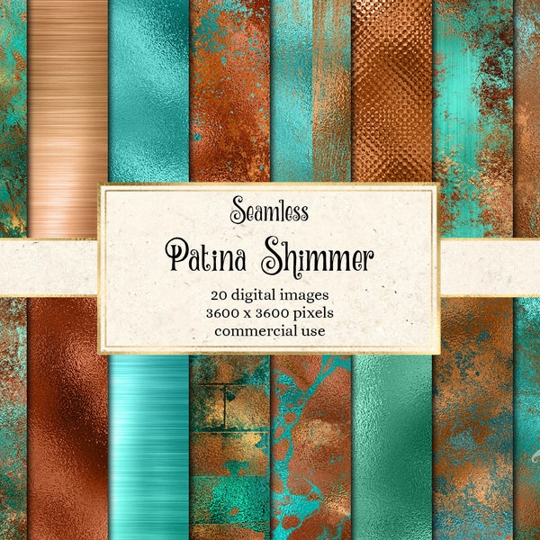 Patina Shimmer Digital Paper, seamless antique copper textures, metallic paper backgrounds distressed copper and patina blue