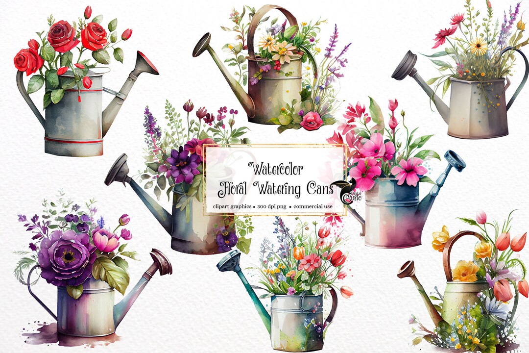Watercolor Floral Watering Cans Clipart Floral Gardening Bouquet PNG ...