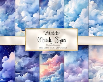 Watercolor Cloudy Skies Digital Paper - watercolor printable instant download printable scrapbook paper for commercial use