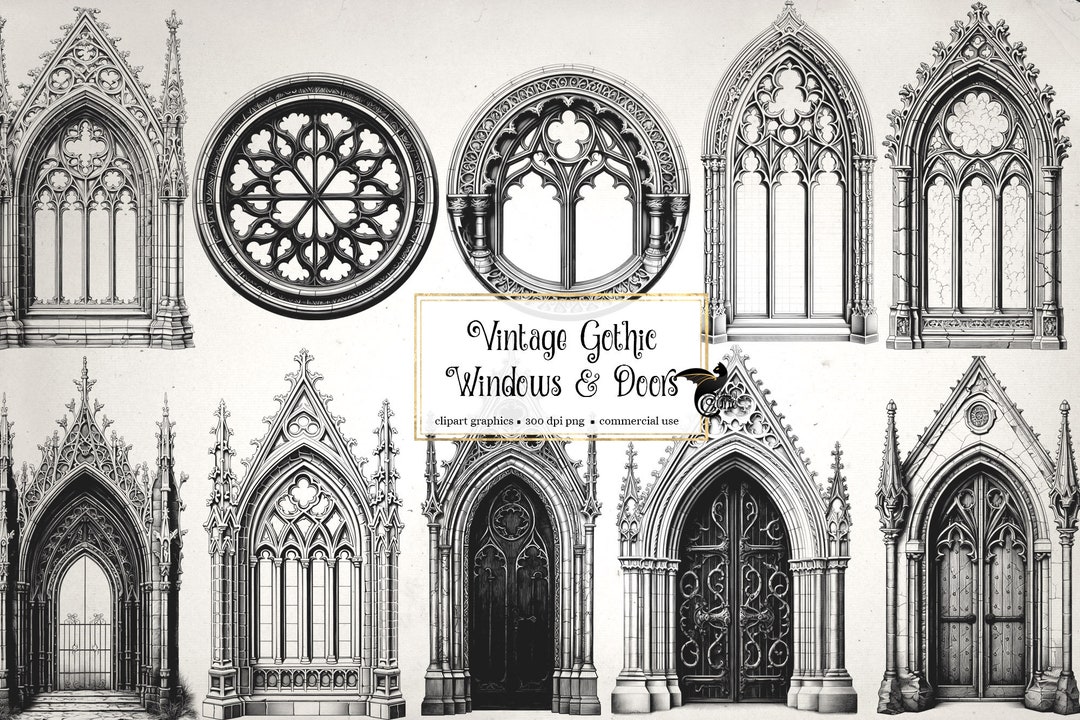 Vintage Gothic Windows and Doors Clipart, Witch House Graphics