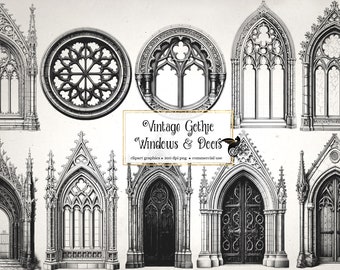 Clipart vintage di finestre e porte gotiche, grafica clip art vittoriana della casa delle streghe antica, download istantaneo di effimeri