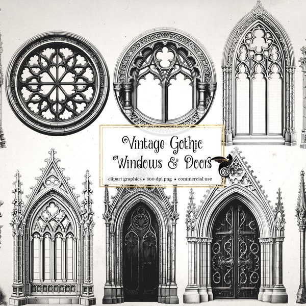 Vintage Gothic Windows and Doors Clipart, antique witch house Victorian clip art graphics, ephemera instant download