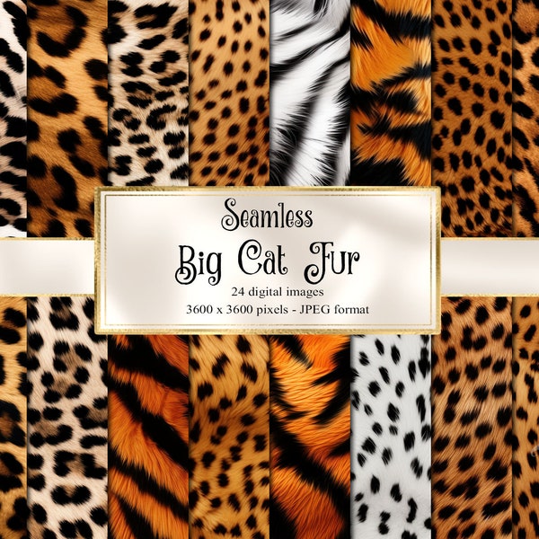 Big Cat Fur Digital Paper, seamless faux fur tiger stripes and leopard print digital paper, commercial use instant download