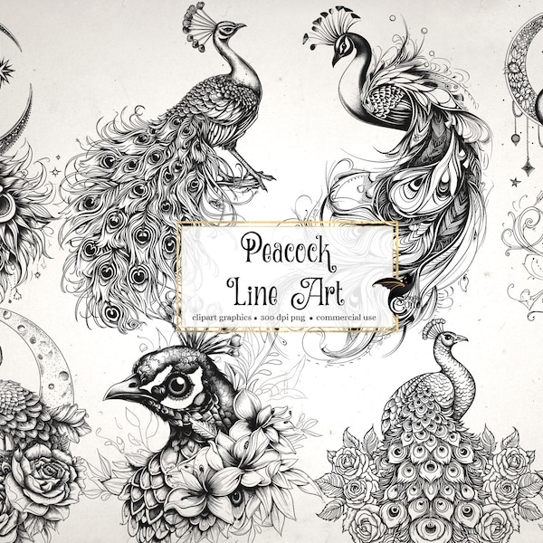 Peacock Line Art Clipart - floral peacocks clip art and collage sheets for altered art or junk journals instant download commercial use
