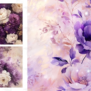 Fantasy Purple Floral Digital Paper, seamless flower printable oil paint textures printable scrapbook paper zdjęcie 5