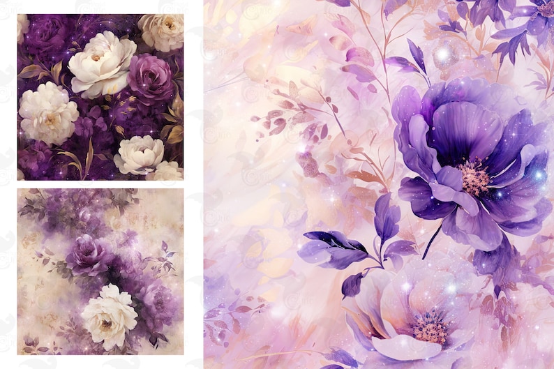 Fantasy Purple Floral Digital Paper, seamless flower printable oil paint textures printable scrapbook paper imagem 5