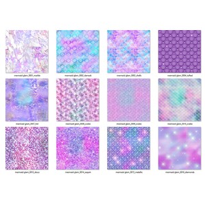 May include: A set of 18 digital paper patterns featuring a mermaid glam theme. The patterns include various designs such as scales, glitter, marble, and tufted fabric. The colors are predominantly purple, pink, and blue.