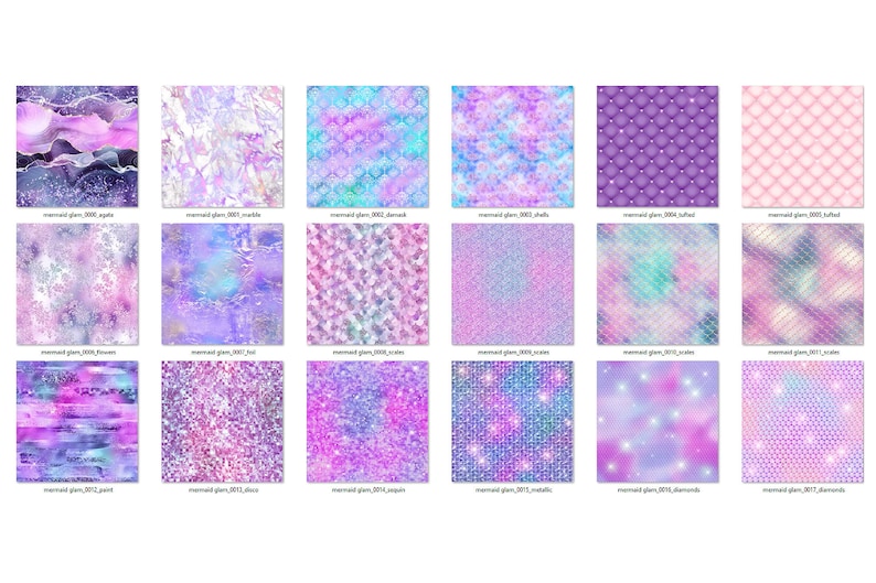 May include: A set of 18 digital paper patterns featuring a mermaid glam theme. The patterns include various designs such as scales, glitter, marble, and tufted fabric. The colors are predominantly purple, pink, and blue.