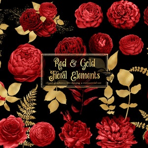 Clipart de elementos florais vermelhos e dourados - gráficos de clipart digital de rosas e folhas de folha de ouro em formato png para uso comercial